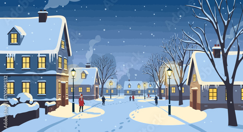 Snowy Village Street at Night: Cozy Winter Scene