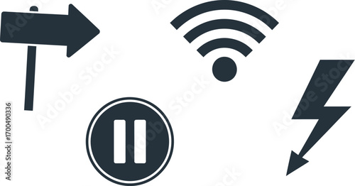 Collection of four distinct icons directional arrow wi-fi signal pause symbol and lightning bolt silhouette