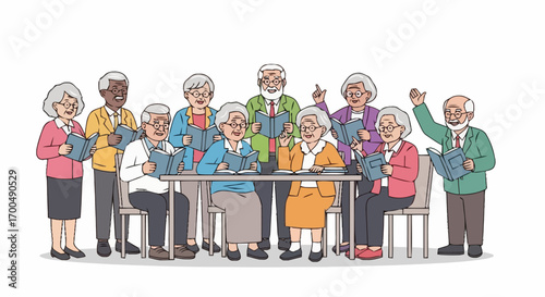 Diverse Group of Seniors Engaging in a Choir Practice Session in a Community Center, Suitable for Retirement Home Activities and Senior Care Concepts