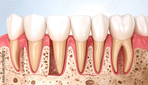 Detailed cross-section view of human teeth and gums, showcasing dental anatomy and bone structure.