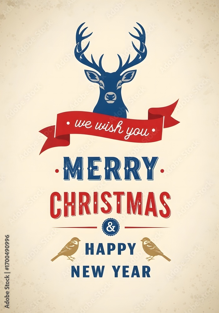 Obraz premium Vintage Merry Christmas and Happy New Year Greeting with Reindeer and Festive Elements