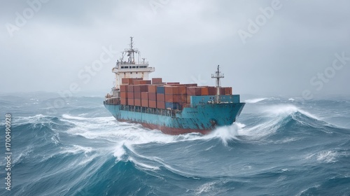 Wallpaper Mural Large cargo ship navigating rough seas with turbulent waves under moody gray sky during storm, showcasing maritime resilience and shipping industry challenges Torontodigital.ca