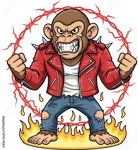Angry Monkey Rocker with Spiked Leather Jacket and Barbed Wire Ring on Fire Vector Illustration