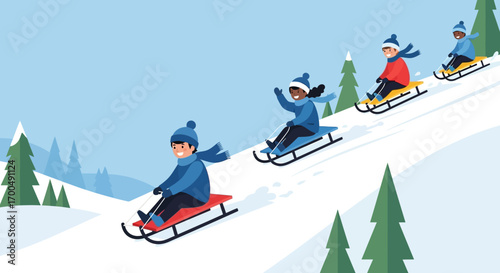 Diverse kids gleefully sledding down a winter slope snowy scene flat vector art.
