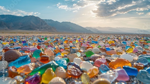 A Stunning Desert Oasis Tiny Colorful Glass Beads Rain Down in a Mystical Landscape Explore the captivating artistry