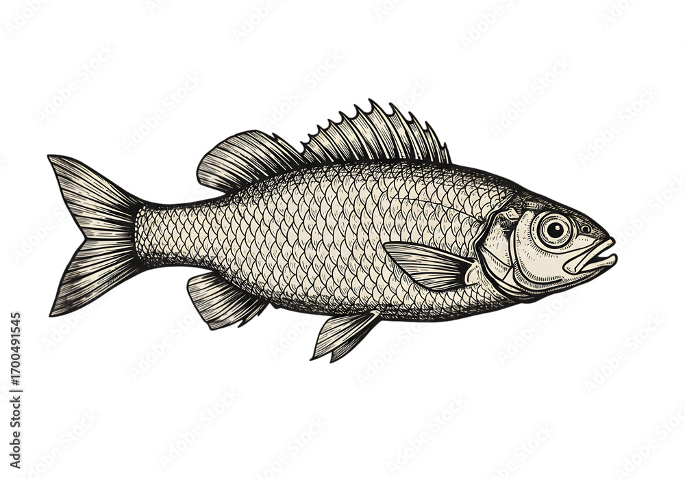 Fototapeta premium Detailed Fish Illustration in Black and White Isolated On Transparent Background