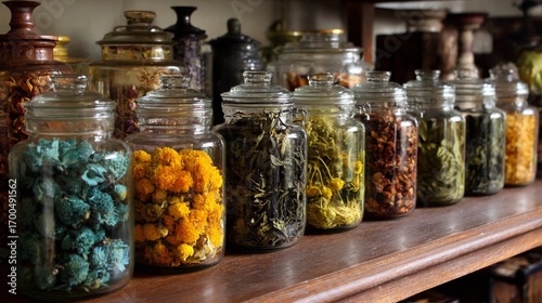A Colorful Array of Herbal Teas Aromatic Glass Jars Showcase a Diverse Selection of Organic and Traditional Teas