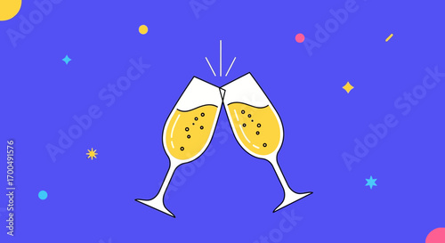 Vibrant Flat Illustration of Champagne Glasses Toasting on Blue Background
