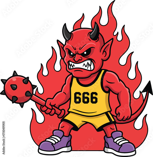 Red Devil Mascot with 666 T-Shirt and Spiked Club Standing in Flames Vector Illustration