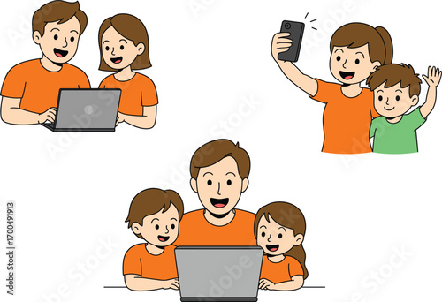 Happy family using technology together, parents and kids with laptops and smartphone, digital connection, modern family lifestyle, online learning and communication