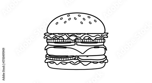 Burger illustration, a detailed line drawing of a delicious fast food item