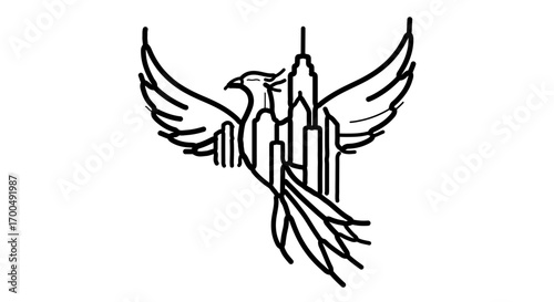 Phoenix bird with city skyline inside, rising from ashes vector illustration
