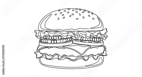 Hand drawn burger, including meat, cheese, lettuce, tomato and sesame seed bun