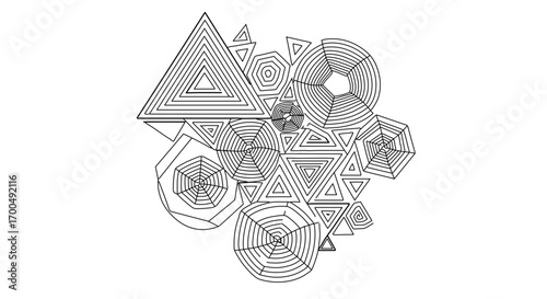 Geometric shapes arranged in a cluster, creating a visually interesting and complex pattern