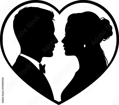 Laser cut template of male and female silhouette opposite each other. Couple in love. Bride and groom in heart frame for wedding invitation card or table topper. Faces in profile at Valentine's day.