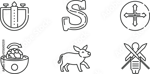 Collection of six distinct vintage iconographic symbols and emblems for design projects silhouette