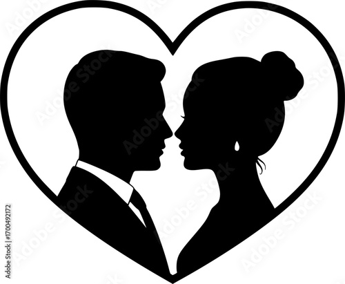 Laser cut template of male and female silhouette opposite each other. Couple in love. Bride and groom in heart frame for wedding invitation card or table topper. Faces in profile at Valentine's day.