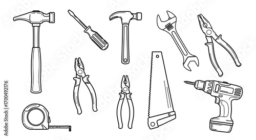 Hand drawn set of construction tools, perfect for diy and home improvement projects