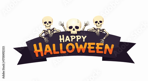 Two playful skeletons and a skull peek over a dark banner proclaiming "Happy Halloween" against a white background, conveying festive spookiness.