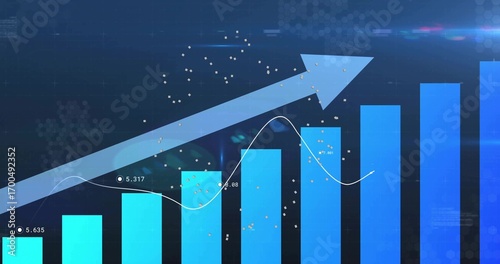 Displaying upward-trending bar chart on digital dashboard, with line graph data labels and arrow