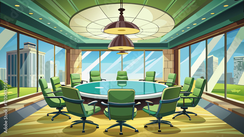Splendid panoramic 360 view of a formal boardroom, furnished with a polished stone table, olive green chairs, modern pendant lights, and panoramic windows, reflecting strength, leadership, and refined