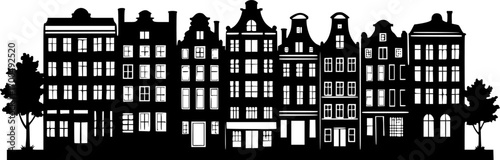 Laser cutting Amsterdam style houses. Silhouette of a row of typical dutch canal view at Netherlands. Stylized facades of old buildings. Wood carving vector template. Background for banner, card.
