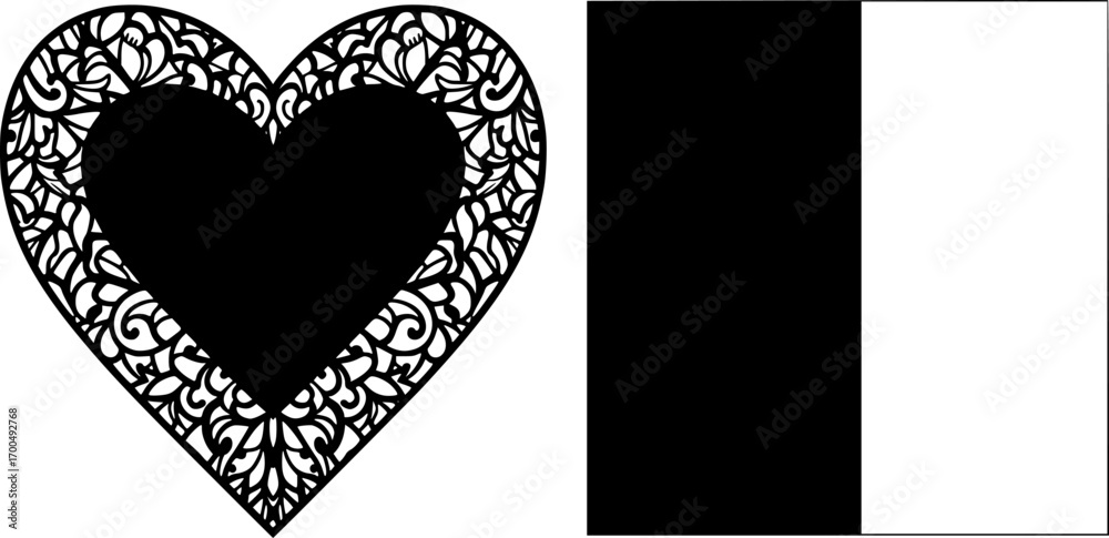 Ornamental heart frame, lace border. Laser cut template for wedding invitation. Envelope, greeting card with abstract floral ornament. Openwork silhouette for Valentine's day. Cutting of lacy ornament