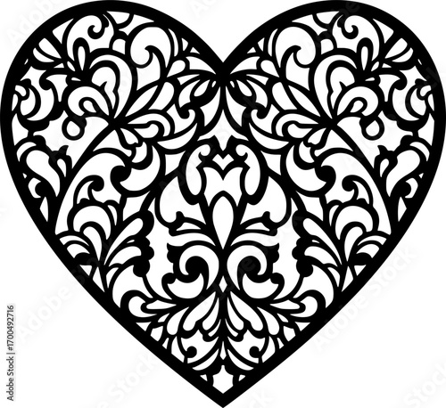 Ornamental heart frame, lace border. Laser cut template for wedding invitation. Envelope, greeting card with abstract floral ornament. Openwork silhouette for Valentine's day. Cutting of lacy ornament