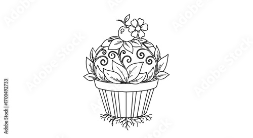 Illustration of a topiary in a pot, , a botanical and decorative design