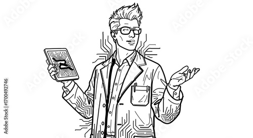 Scientist holding a tablet, wearing glasses and a lab coat with circuitry