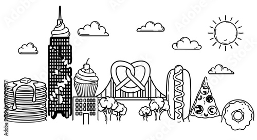 Hand drawn new york city skyline with food pancakes, hotdog, pizza, donut