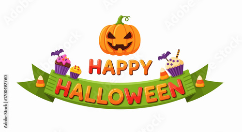 A cheerful Halloween banner features a grinning jack-o'-lantern above cupcakes, candy corn, and bats, conveying festive joy.