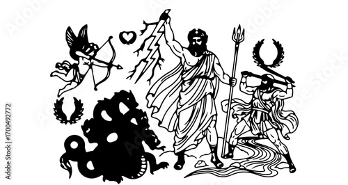 Illustration of greek mythology characters including zeus, cupid, and hydra