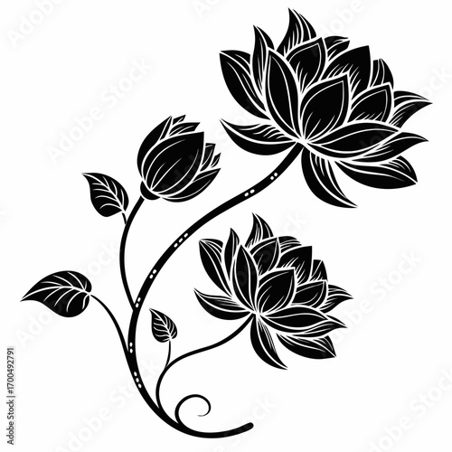 Elegant Black and White Lotus Floral Design.