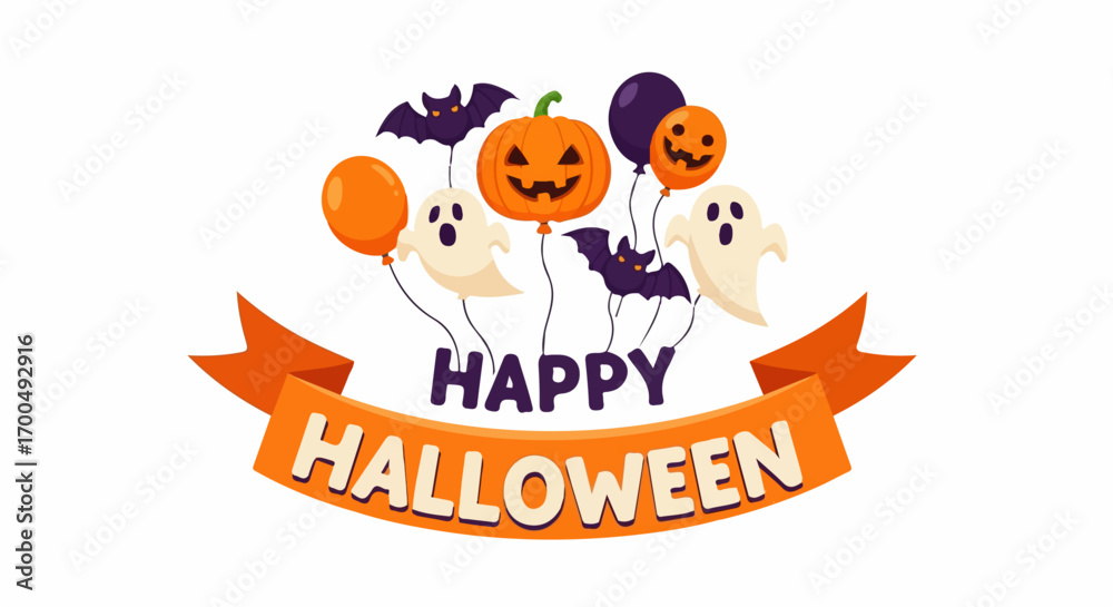 Fototapeta premium Happy Halloween banner featuring cartoon ghosts, bats, and pumpkins floating on balloons against a white background.