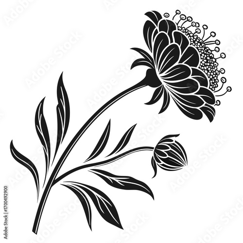 Elegant Black and White Stylized Flower Illustration.