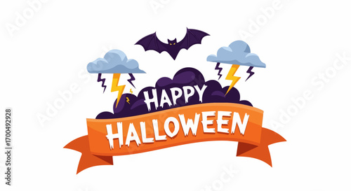 A playful bat flies above a stormy Halloween banner, bringing a spirited and spooky atmosphere to the design.