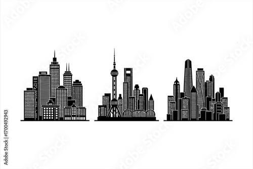 Black and white graphic silhouettes of three distinct city skylines on white background cityscape urban