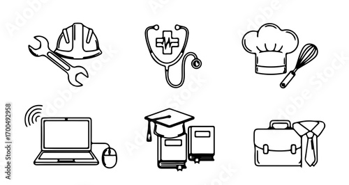 Illustration of various career icons, including construction, medicine, culinary arts, and education