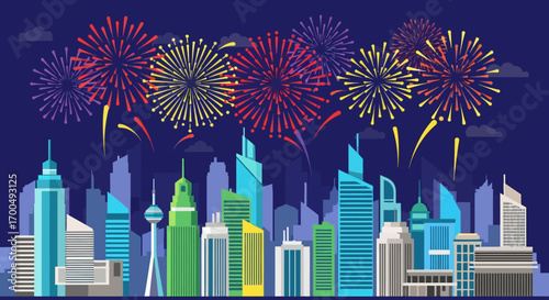 Vibrant Flat Design City Skyline with Festive Fireworks Display at Night