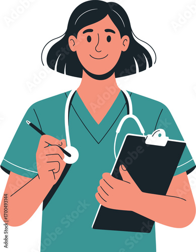 Smiling female doctor or nurse with a stethoscope and clipboard. A friendly healthcare professional character in a medical uniform, vector illustration