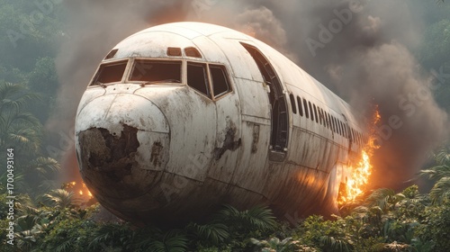 Wallpaper Mural Abandoned Airplane Wreckage in Lush Jungle with Flames and Smoke Rising Amidst Dense Greenery Torontodigital.ca