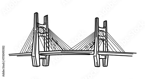 Illustration of a cable stayed bridge hand drawn style, simple and minimal