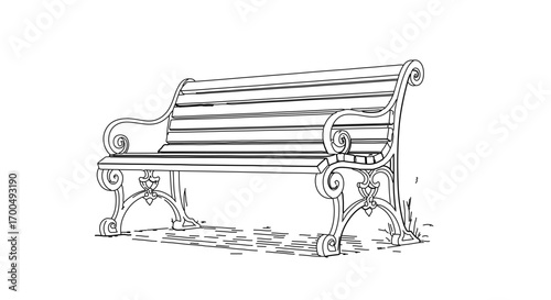 Illustration of an ornate park bench with curved armrests hand drawn style