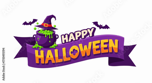 A bubbling cauldron of green potion spills from an overturned witch's hat onto a festive purple Halloween banner.