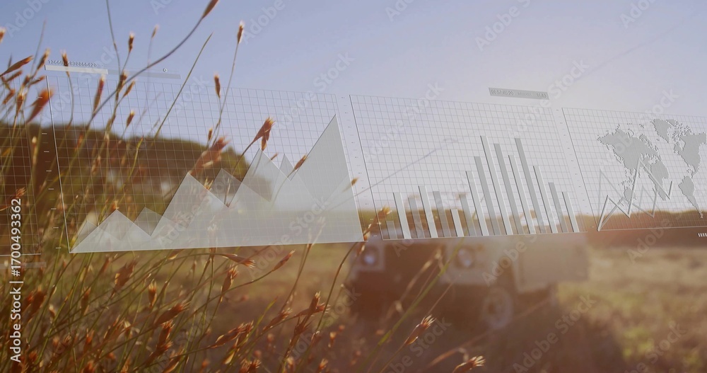 Obraz premium Highlighting tall grass stalks with seed heads in field, with off-road vehicle and data overlays