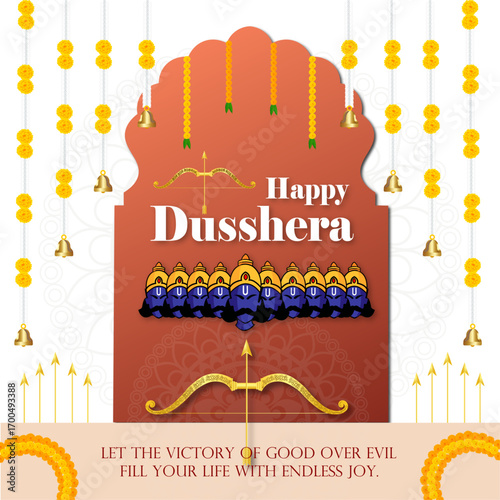 Happy Dussehra banner. Bow and arrow with flower wreath. Hindu Navratri festival, Vijayadashami holiday. Vector illustration.