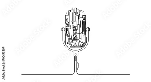 Microphone with city skyline inside, representing urban podcasting