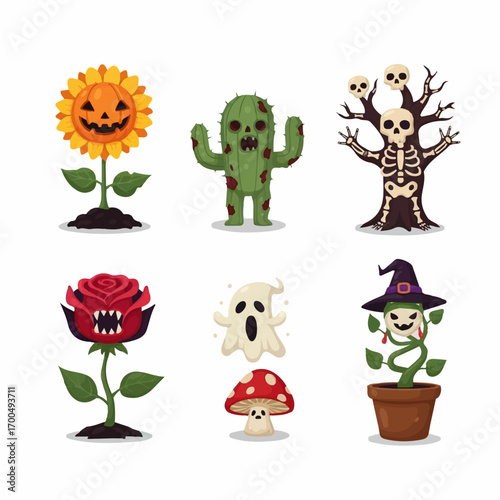 Spooky Halloween cartoon characters including a sunflower, cactus, rose, and witch's plant create a whimsical, playful fright.