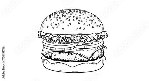 Illustration of a burger, a delicious fast food with cheese, tomato and lettuce